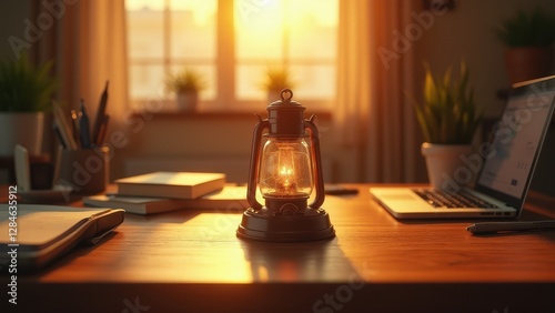 Air Freshener, A vintage air freshener on a wooden desk under warm sunset lighting bird's-eye view photorealistic HDR scene photo