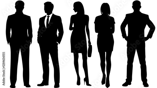 Vector silhouettes of men and a women, a group of standing business people, profile, black color isolated on white background