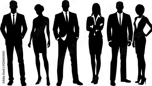 Vector silhouettes of men and a women, a group of standing business people, profile, black color isolated on white background