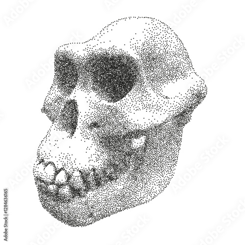 Neanderthal Skull with halftone stipple effect. Realistic human skull in photocopy vector effect. Collage element in trendy grunge y2k style.