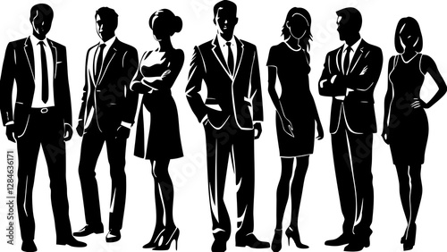 Vector silhouettes of men and a women, a group of standing business people, profile, black color isolated on white background