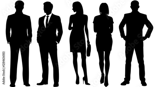 Vector silhouettes of men and a women, a group of standing business people, profile, black color isolated on white background