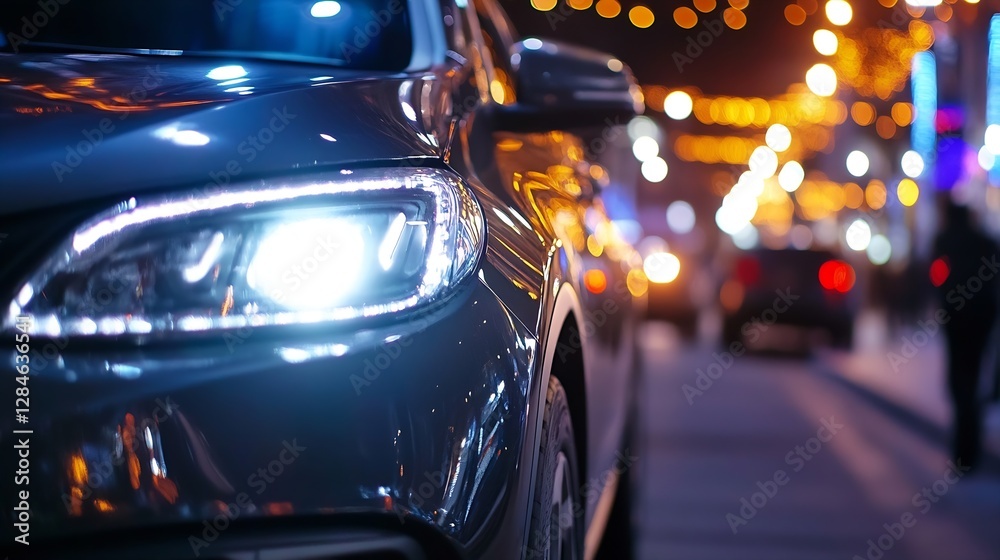 CloseUp of a Stylish Car Headlight Illuminating a Vibrant City Street at Night : Generative AI CloseUp of a Stylish Car Headlight Illuminating a Vibrant City Street at Night : Generative AI