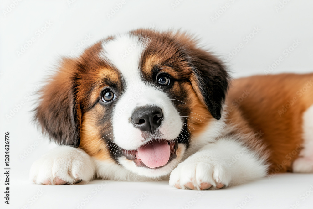 A cheerful Saint Bernard puppy with fluffy fur lying on a white background. A cheerful Saint Bernard puppy with fluffy fur lying on a white background.