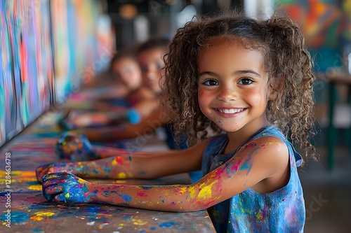 Lovely little girls creating pictures and painting on cup while sitting at desk in classroom near art teacher photo
