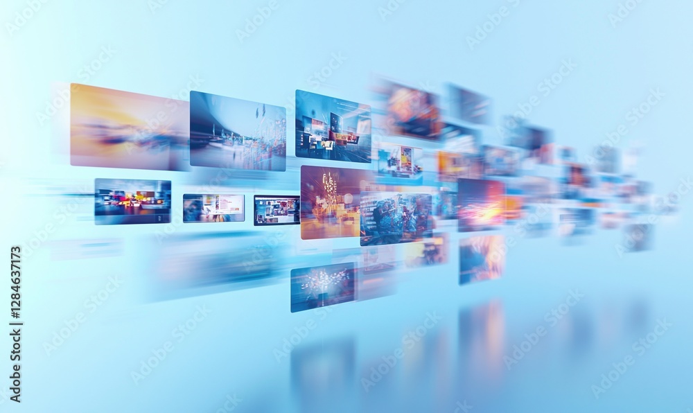 Obraz premium Floating 3D images on horizontal table with soft blue gradient background and dynamic UI elements in motion