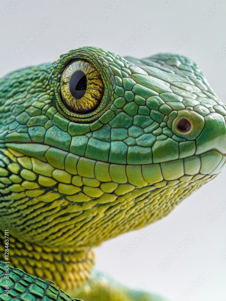 Fototapeta premium An iguana with its eyes wide open, showcasing its vibrant green and yellow scales.
