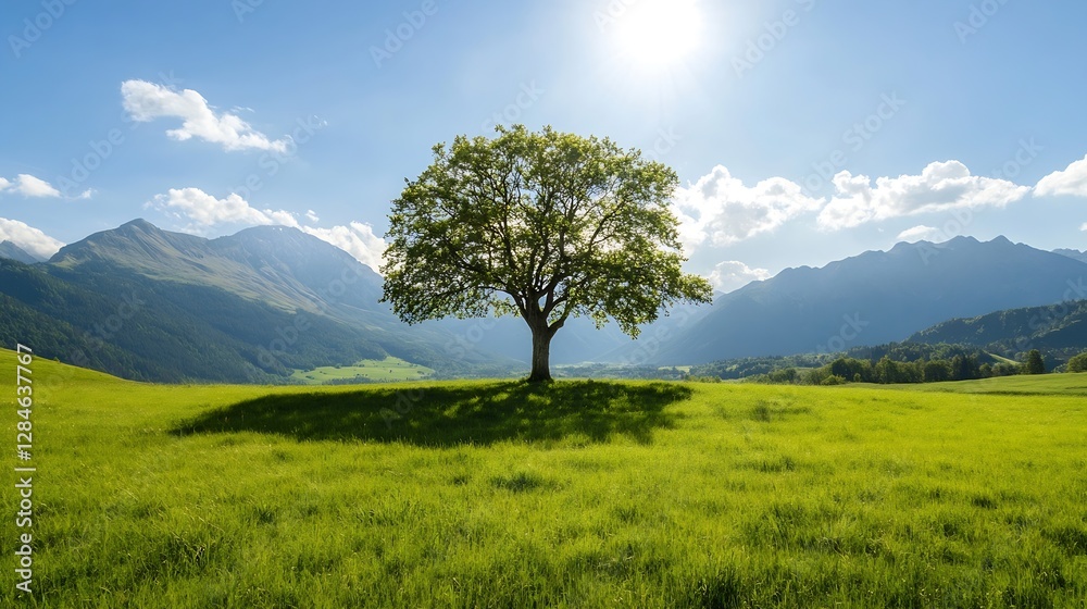 Vibrant lush green tree basking in sunlight with majestic mountains framing a serene landscape : Generative AI Vibrant lush green tree basking in sunlight with majestic mountains framing a serene landscape : Generative AI