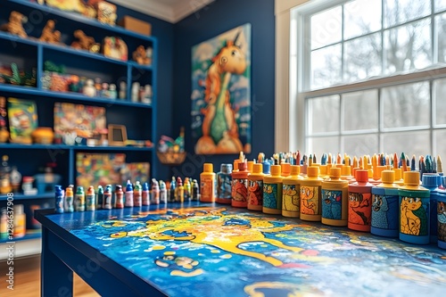 Joyful young female art student paints in a studio photo