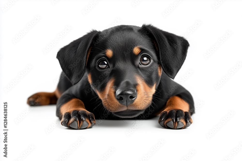 Cute Miniature Pinscher puppy lying down on a white background, looking directly with adorable eyes. Cute Miniature Pinscher puppy lying down on a white background, looking directly with adorable eyes.