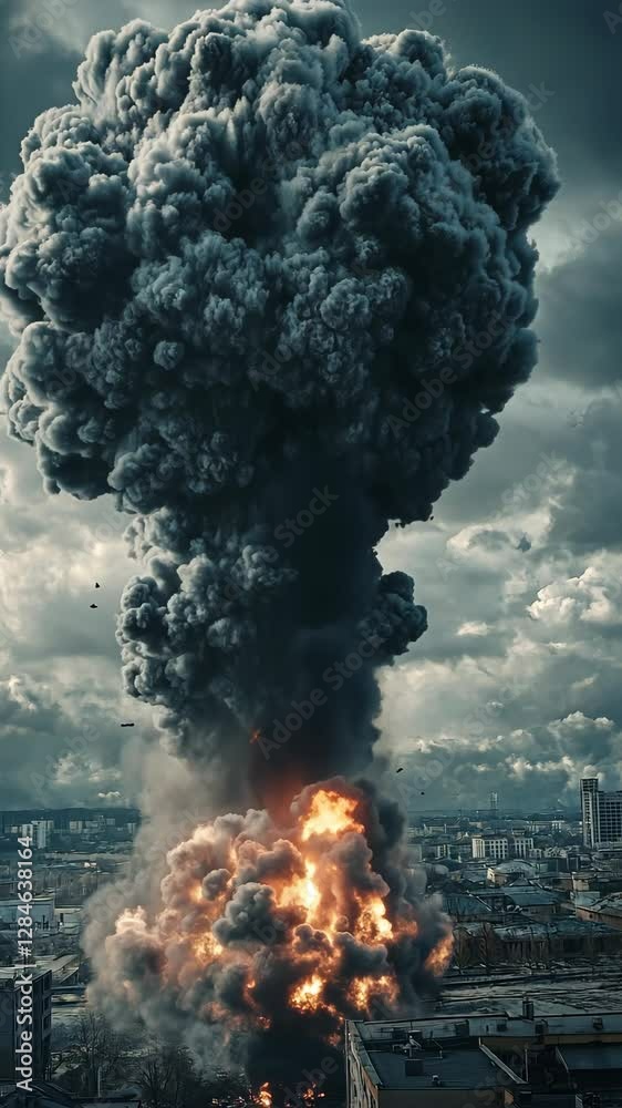 Explosion creates massive cloud over urban landscape during daytime, illustrating intense destruction and chaos