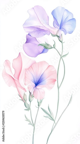 Delicate sweet pea flowers in soft pastel hues captured in a graceful watercolor botanical illustration