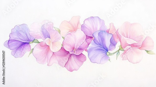 Delicate sweet pea flowers in soft pastel shades showcasing the beauty of nature in a graceful watercolor illustration