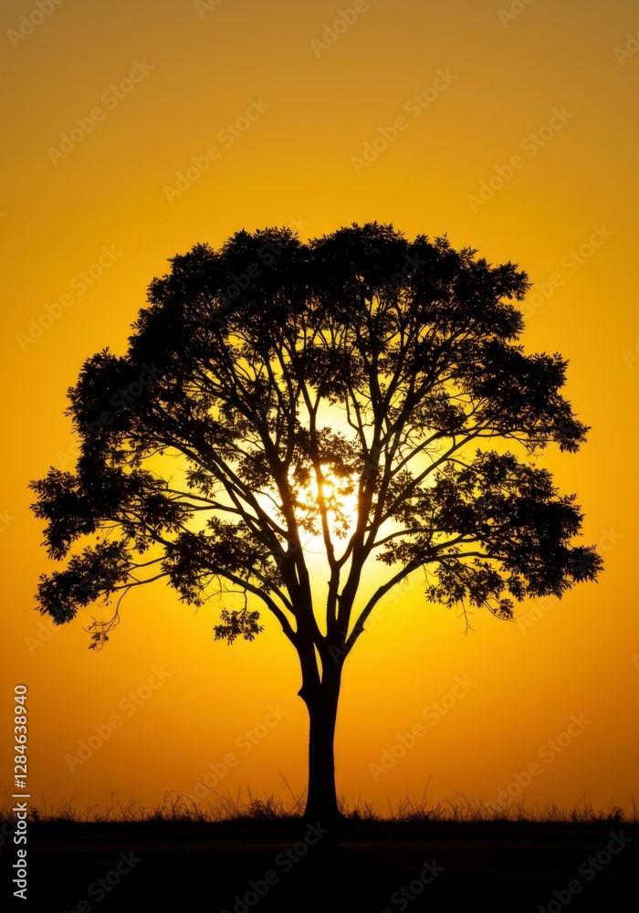 A striking silhouette of a tree set against a glowing yellow sunset sky. A striking silhouette of a tree set against a glowing yellow sunset sky.