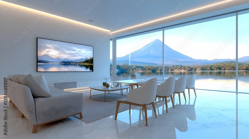 Fototapeta premium Modern minimalist living room features a grey sofa and chairs facing a large window with a scenic view of Mount Fuji over a lake during the day.
