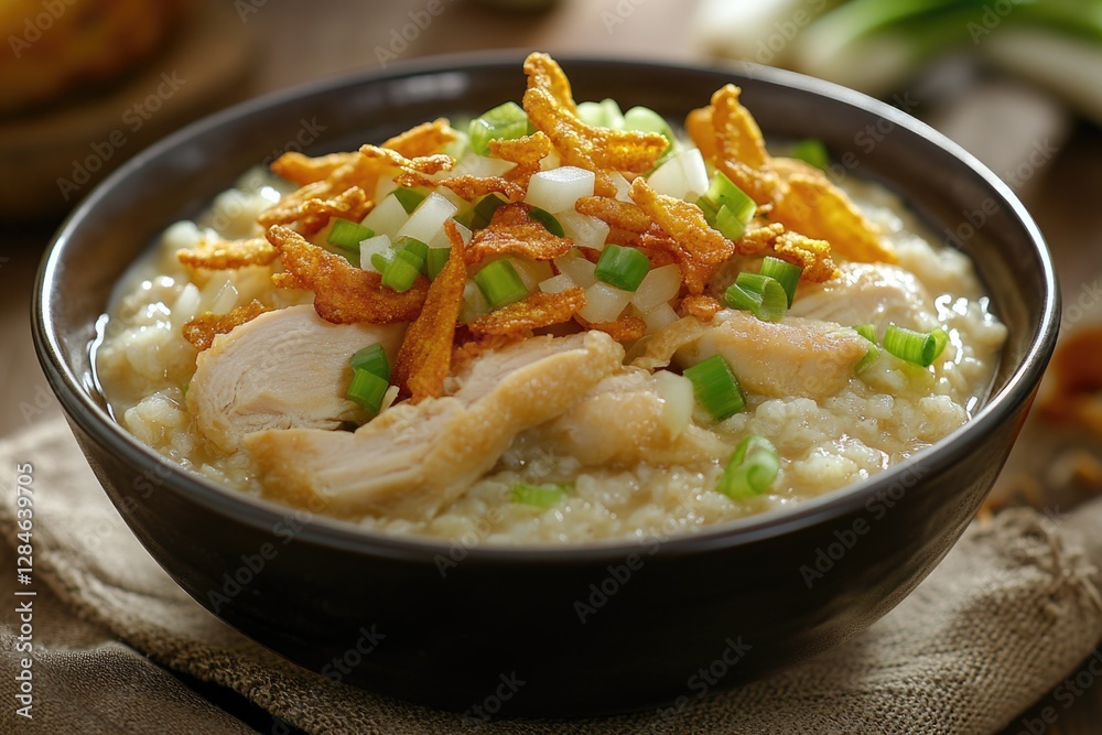 Colorful chicken and rice dish with a touch of crispy topping, garnished with fresh herbs. Colorful chicken and rice dish with a touch of crispy topping, garnished with fresh herbs.