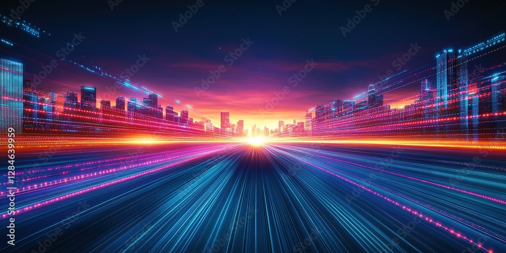 Fototapeta premium Vibrant city skyline illuminated by dynamic light trails at sunset with a futuristic feel