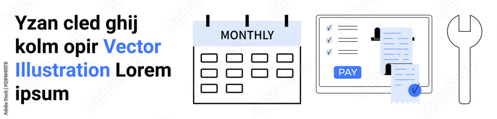 Calendar for monthly tracking, payment receipt, user profile, and tool wrench for repair. Ideal for finance, billing, scheduling, payroll planning maintenance and budgeting. Abstract line flat Calendar for monthly tracking, payment receipt, user profile, and tool wrench for repair. Ideal for finance, billing, scheduling, payroll planning maintenance and budgeting. Abstract line flat