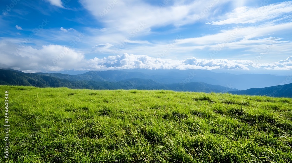 Panoramic view of lush green grass fields under a bright blue sky with scattered clouds : Generative AI Panoramic view of lush green grass fields under a bright blue sky with scattered clouds : Generative AI