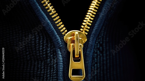 A close-up of a gold zipper on a dark blue fabric, showing the intricate details of the zipper teeth and pull tab