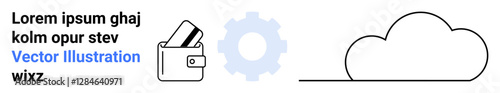 Wallet holding credit cards, a gear icon, and a cloud symbol next to placeholder text. Ideal for payments, financial services, IT solutions, data storage, technology, cloud computing and security