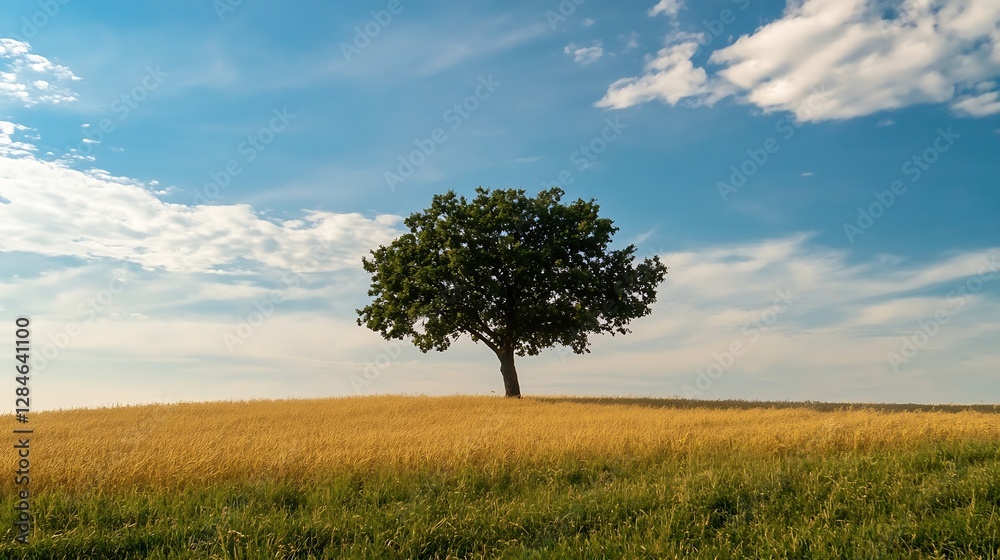Lone Green Tree Standing on a Golden Field Under Dramatic Blue Sky with Clouds : Generative AI Lone Green Tree Standing on a Golden Field Under Dramatic Blue Sky with Clouds : Generative AI