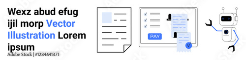 Documents, invoice with pay button, and robot completing a task. Ideal for finance, automation, technology, online transactions, billing systems, innovation concepts abstract line flat metaphor