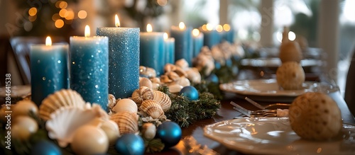 Golden candlelight illuminates Christmas decorations and burning advent candles blue candle photo