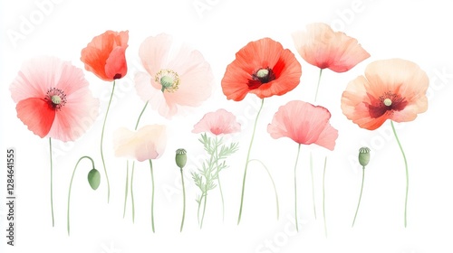 Vibrant poppies in shades of red and orange bloom spectacularly in an expressive watercolor illustration