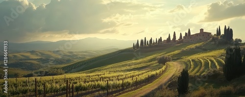 Scenic tuscan landscape with rolling hills and farmhouse at sunset