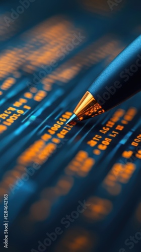 A close-up of a pen pointing at a screen displaying lines of orange code on a dark background, highlighting the focus on programming or data analysis