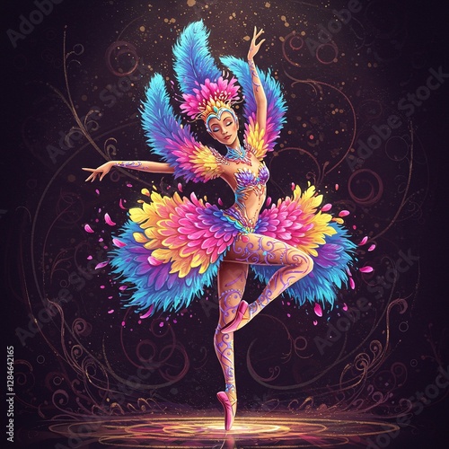 Vibrant Carnival Ballerina: Fantasy Dance in Feathers and Colors