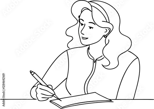 Professional Woman Writing in Notepad - Line Art Vector Illustration