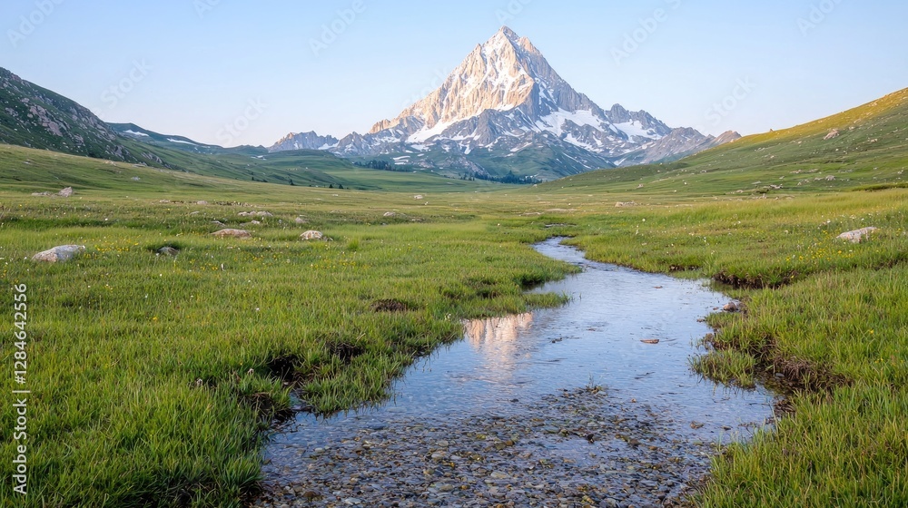 Fototapeta premium Mountain peak reflecting in a stream, sunny meadow, tranquil landscape, tranquil valley