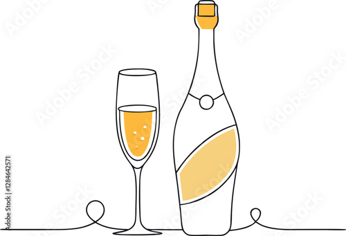 Line Art of Sparkling Wine Bottle with Champagne Glass – Vector Illustration