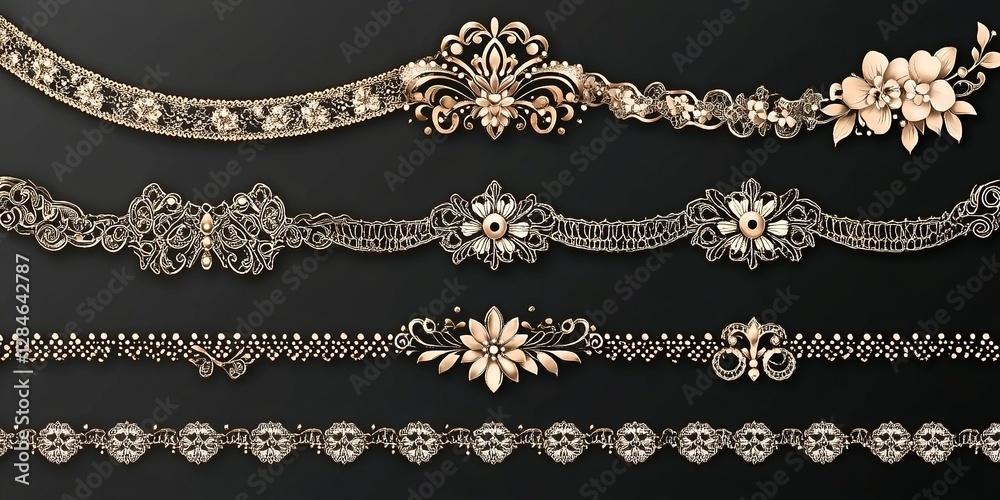 Fototapeta premium Elegant collection of decorative gold and silver jewelry showcasing intricate designs and floral patterns for fashion enthusiasts