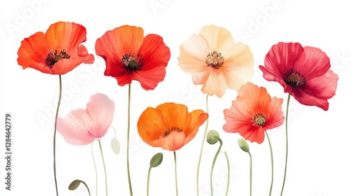 Vibrant watercolor poppies in stunning red and orange hues celebrate nature's artistic beauty in a floral display of elegance
