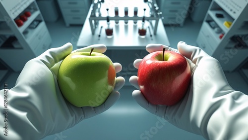 apple, hand, holding apple, holding apple, first person perspective, research, apple research, green apple, red apple, research, researching, laboratory, science.