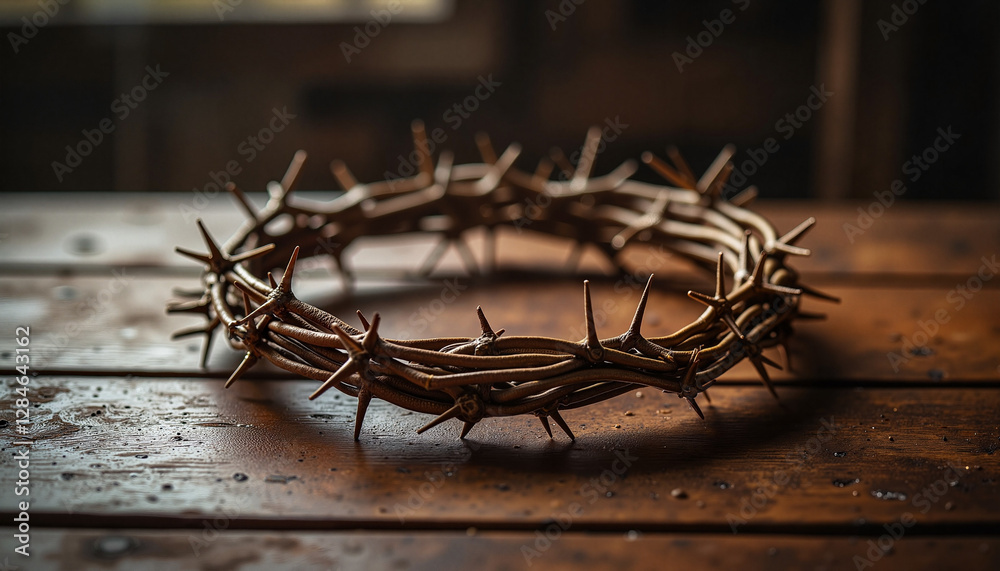 Fototapeta premium Crown of Thorns on a Rustic Wooden Table