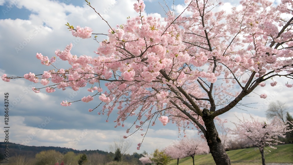 Cherry blossom tree blooms in springtime landscape Cherry blossom tree blooms in springtime landscape