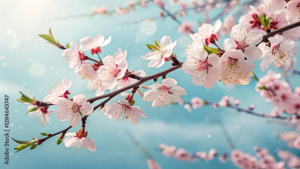 Cherry blossoms bloom under bright spring sunlight Cherry blossoms bloom under bright spring sunlight