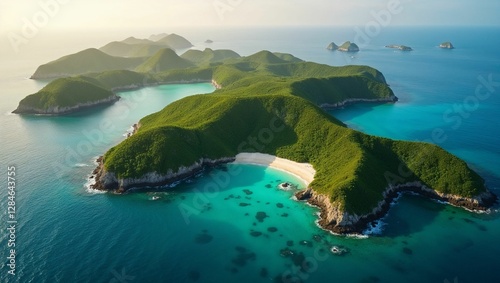 Aerial view of lush green islands and turquoise waters.
