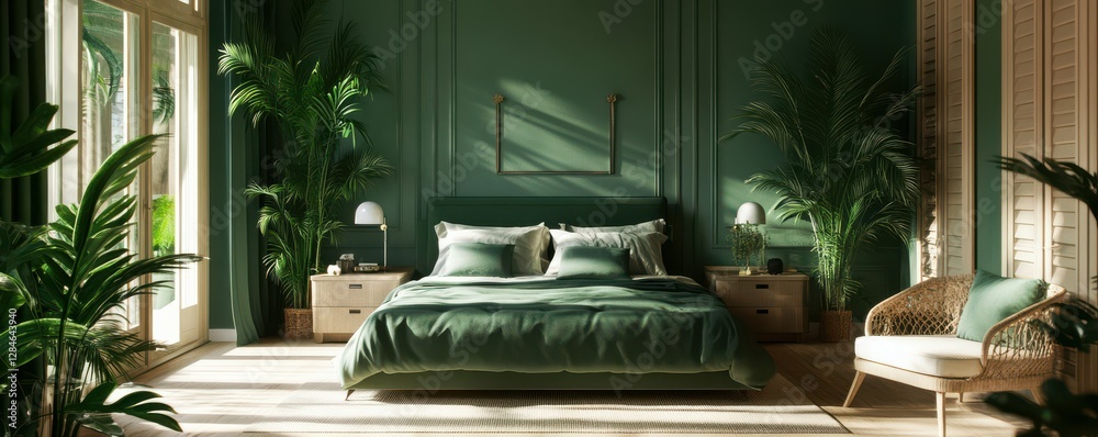 Fototapeta premium Luxurious green bedroom with elegant decor and abundant plants