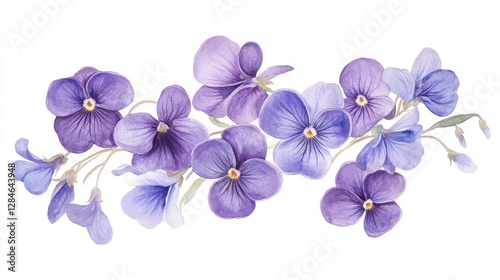 Delicate blossoms of violets in enchanting lavender and deep purple hues captured in graceful watercolor strokes