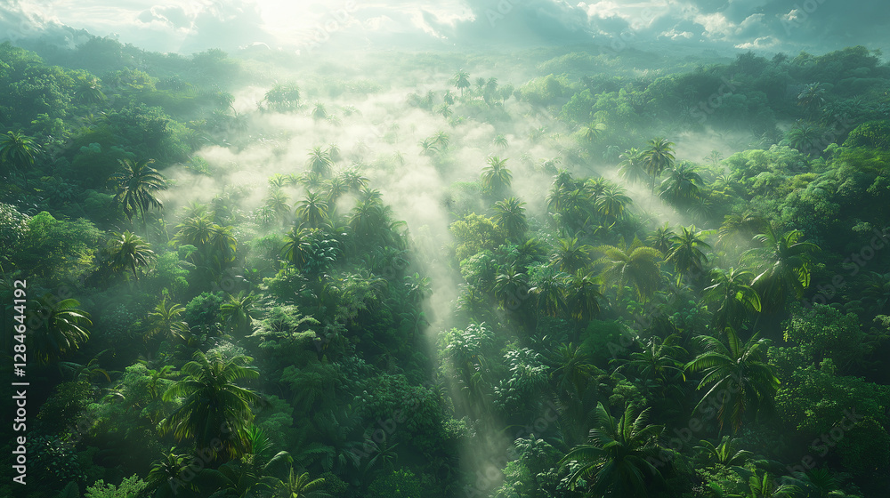 Fototapeta premium Rainy forest. Jungle forest in fog