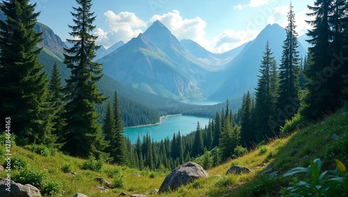 Serene mountain lake amidst lush evergreens.