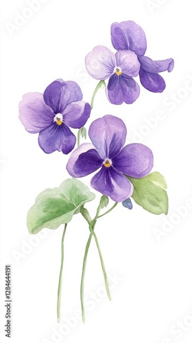 Charming watercolor illustration of violets showcasing deep purple and lavender hues in a graceful botanical arrangement
