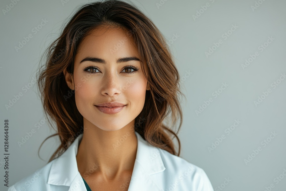A confident female doctor with long brown hair, wearing a white coat, smiles gently. A confident female doctor with long brown hair, wearing a white coat, smiles gently.