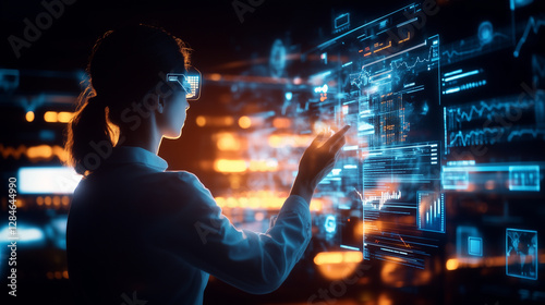 A tech-savvy woman stands in an illuminated cyber environment, her fingertips touching a floating digital interface. Neon-lit holograms, interactive charts, and futuristic symbols
