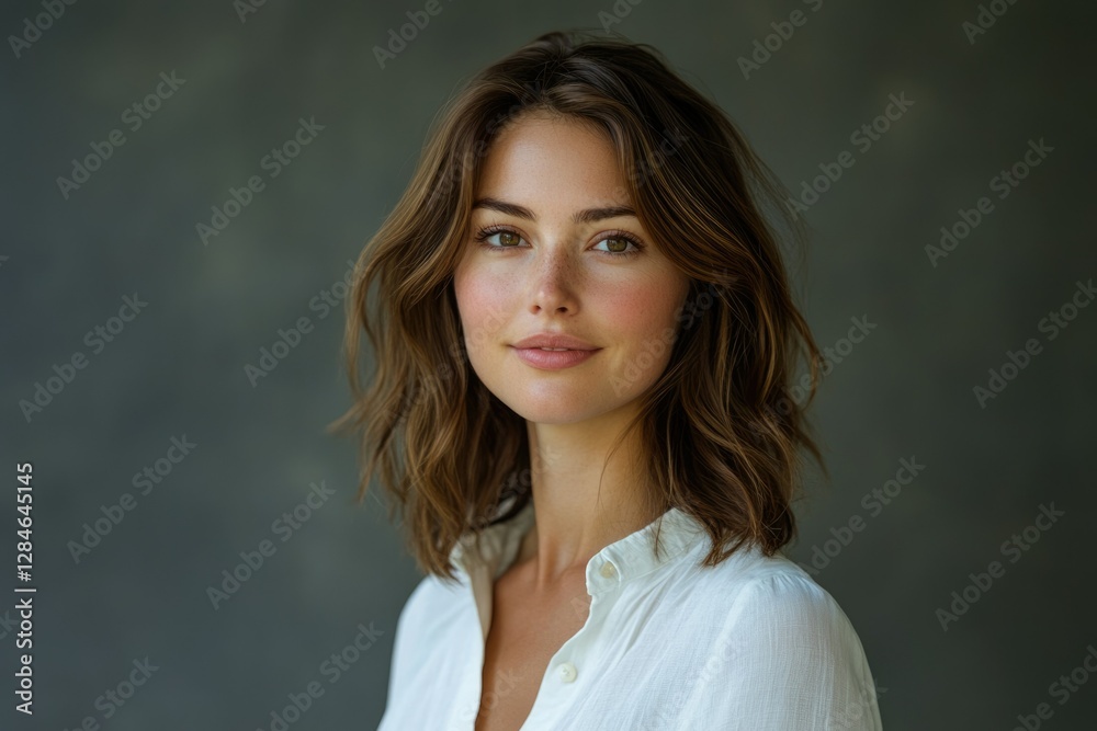 Portrait of a young woman with shoulder-length brown hair, wearing a white shirt, smiling gently. Portrait of a young woman with shoulder-length brown hair, wearing a white shirt, smiling gently.